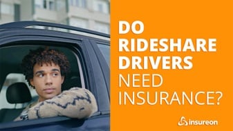 Rideshare driver waiting for a request in their car with text that says "Do rideshare drivers need insurance?" on the right half of the image.