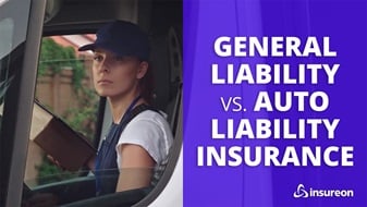 Delivery driver getting ready to deliver a package with text that says "General Liability vs. Auto Liability Insurance" on the right half of the image.