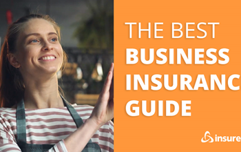 Business owner standing next to the words "The best business insurance guide"