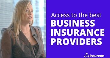Maura Benson, Director of Carrier Relationships for Insureon, sitting next to the words "Access to the best business insurance providers"