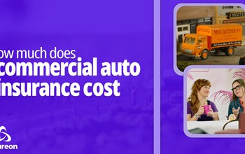 An image of a truck and two people looking at one another next to the words "How much does commercial auto insurance cost"
