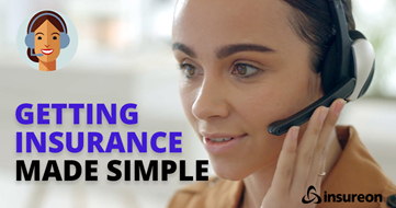 Insurance agent with headset talking with client next to the words "Getting insurance made simple"
