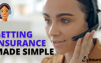 Insurance agent with headset talking with client next to the words "Getting insurance made simple"