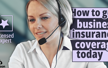 An insurance agent with a headset next to the words "How to get business insurance coverage today"