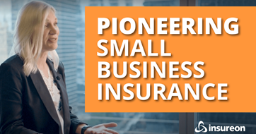 Kari Allen, VP Sales for Insureon, sitting next to the words "Pioneering small business insurance"