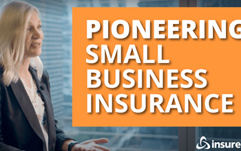 Kari Allen, VP Sales for Insureon, sitting next to the words "Pioneering small business insurance"