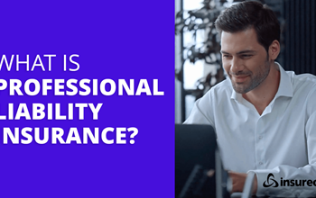 A person on a computer smiling next to the words "What is professional liability insurance?"