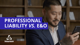 Business person looking at phone next to the words "professional liability vs. E&O"
