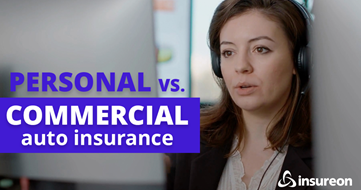 Insurance agent with headset talking next to the words "Personal vs. Commercial auto insurance"