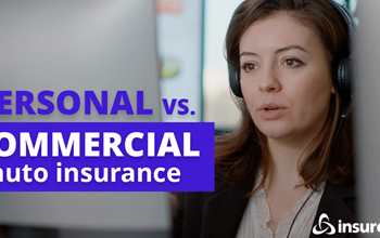 Insurance agent with headset talking next to the words "Personal vs. Commercial auto insurance"