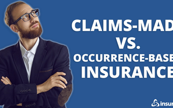Business owner standing next to the words "Claims-made vs. occurrence-based insurance"
