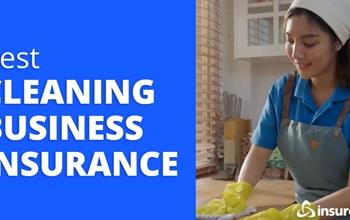 A cleaning business owner wiping down a counter next to the words, "Best Cleaning Business Insurance"